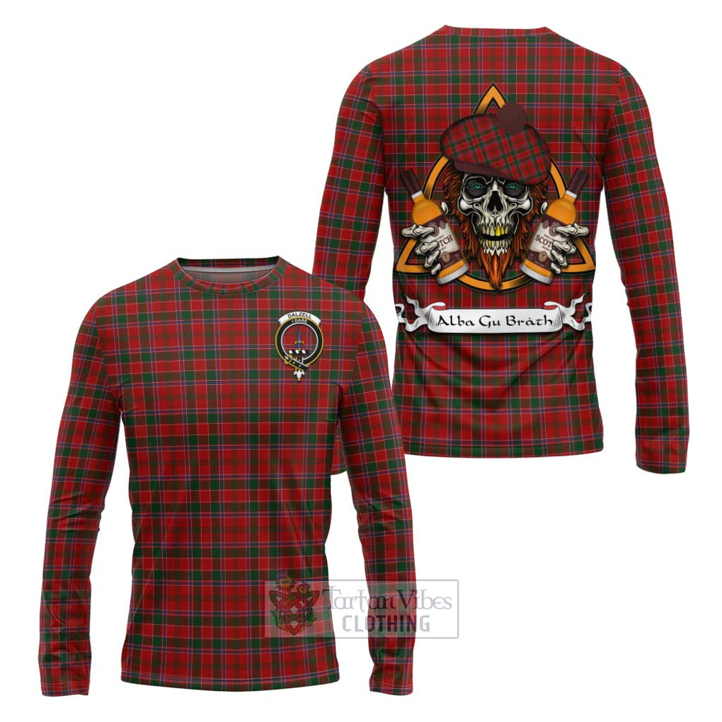 Tartan Vibes Clothing Dalzell (Dalziel) Tartan Long Sleeve T-Shirt with Family Crest and Bearded Skull Holding Bottles of Whiskey