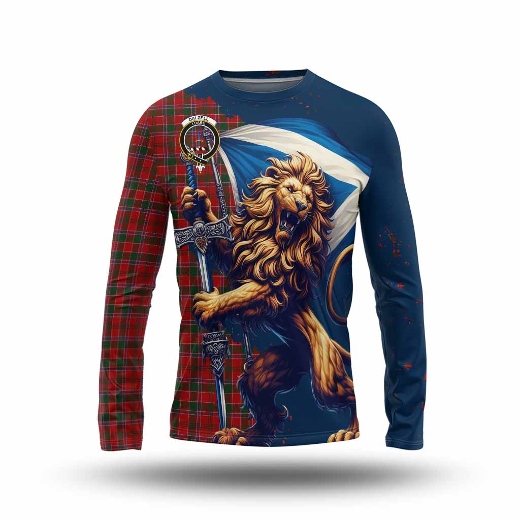 Tartan Vibes Clothing Dalzell (Dalziel) Tartan Family Crest Long Sleeve T-Shirt with Scottish Majestic Lion