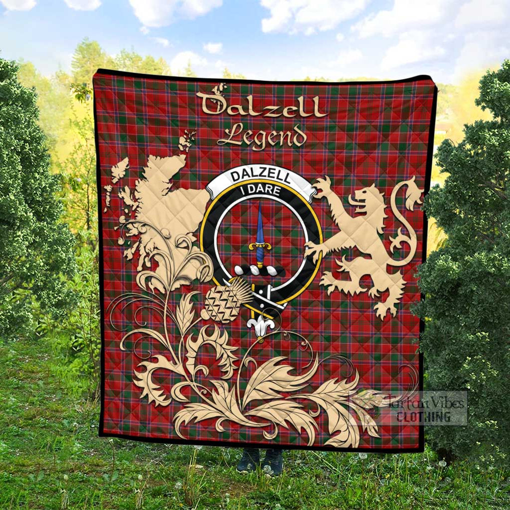 Tartan Vibes Clothing Dalzell (Dalziel) Tartan Quilt with Family Crest and Scottish Symbol Style