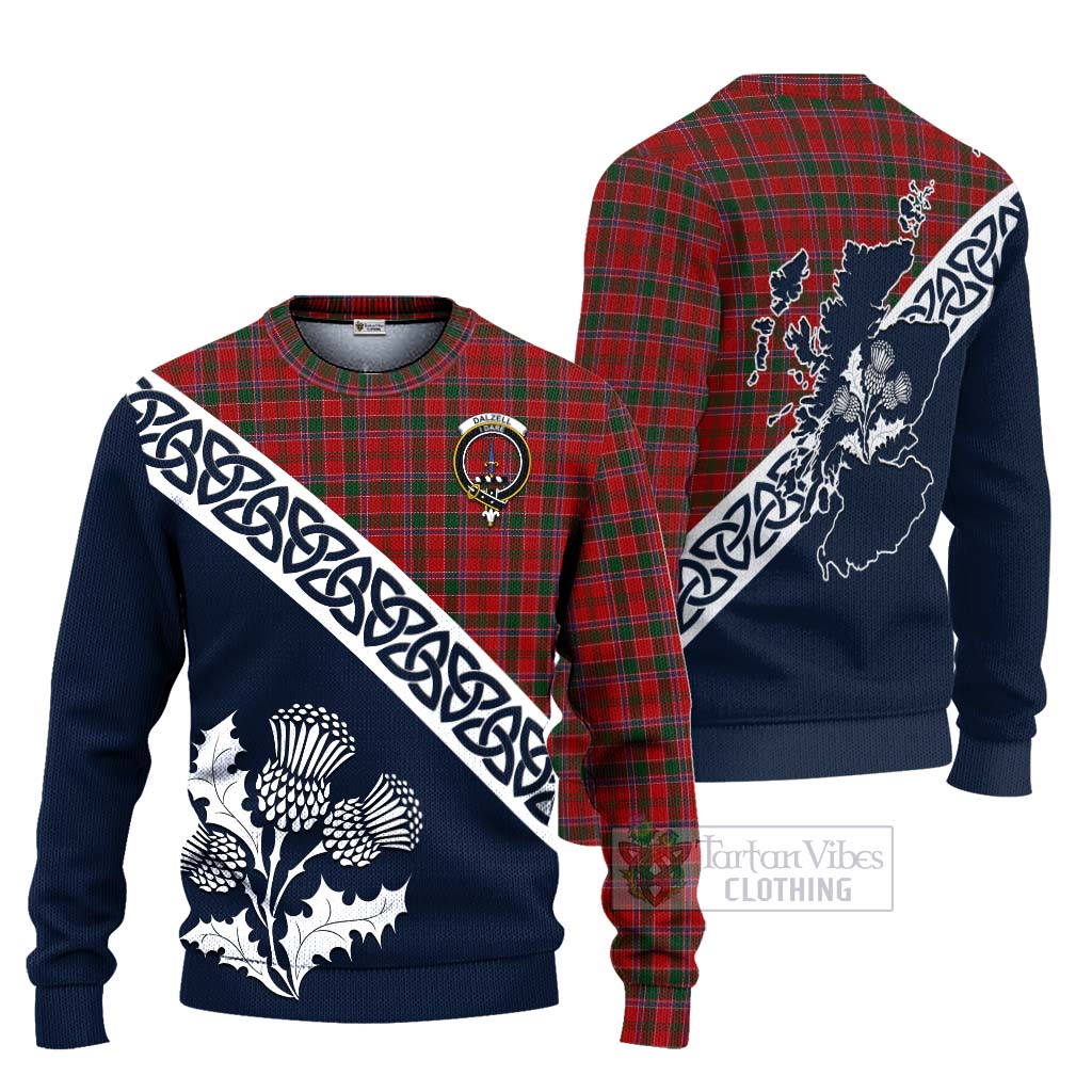 Tartan Vibes Clothing Dalzell (Dalziel) Tartan Knitted Sweater Featuring Thistle and Scotland Map