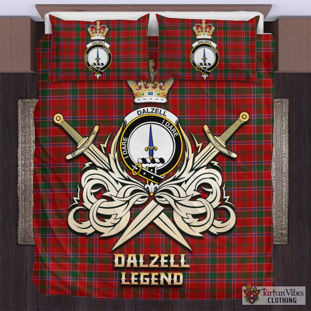 Tartan Vibes Clothing Dalzell (Dalziel) Tartan Bedding Set with Clan Crest and the Golden Sword of Courageous Legacy
