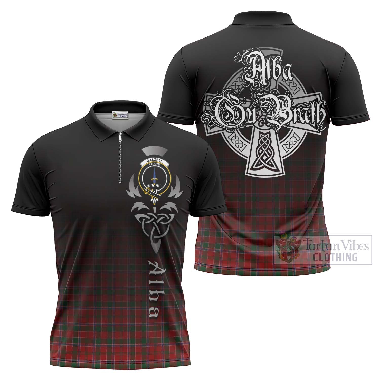 Tartan Vibes Clothing Dalzell (Dalziel) Tartan Zipper Polo Shirt Featuring Alba Gu Brath Family Crest Celtic Inspired