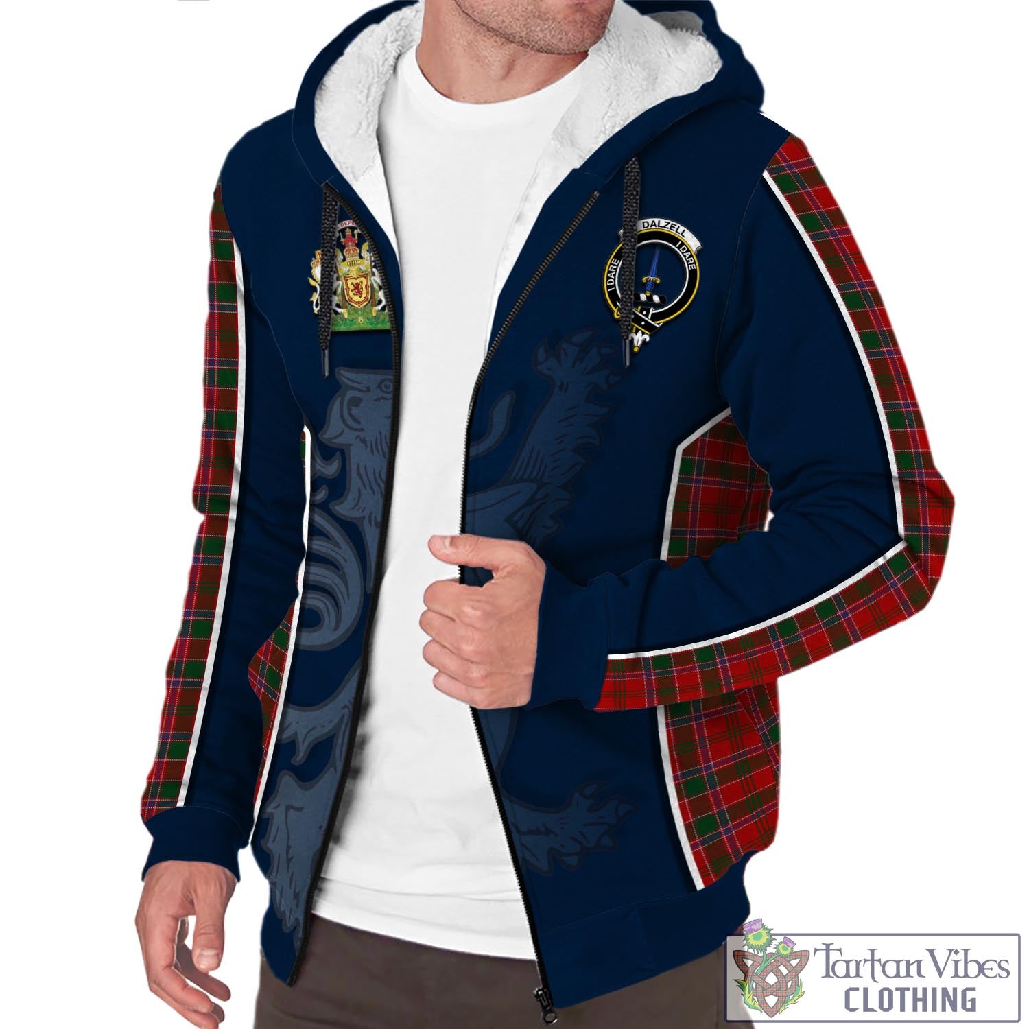 Tartan Vibes Clothing Dalzell (Dalziel) Tartan Sherpa Hoodie with Family Crest and Lion Rampant Vibes Sport Style