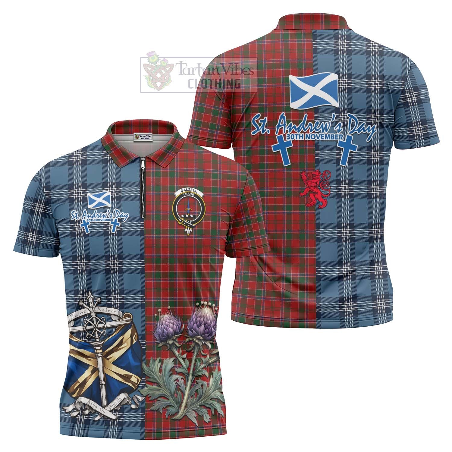 Tartan Vibes Clothing Dalzell (Dalziel) Tartan Zipper Polo Shirt Happy St. Andrew's Day Half Tartan Style