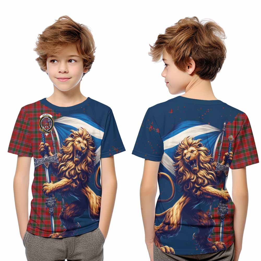 Tartan Vibes Clothing Dalzell (Dalziel) Tartan Family Crest Kid T-Shirt with Scottish Majestic Lion