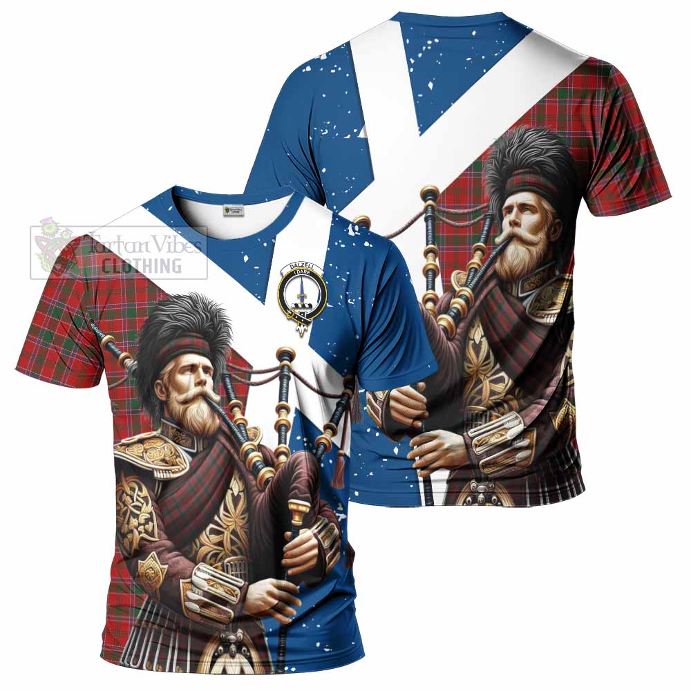 Tartan Vibes Clothing Dalzell (Dalziel) Tartan T-Shirt with Family Crest Scottish Bagpiper Vibes