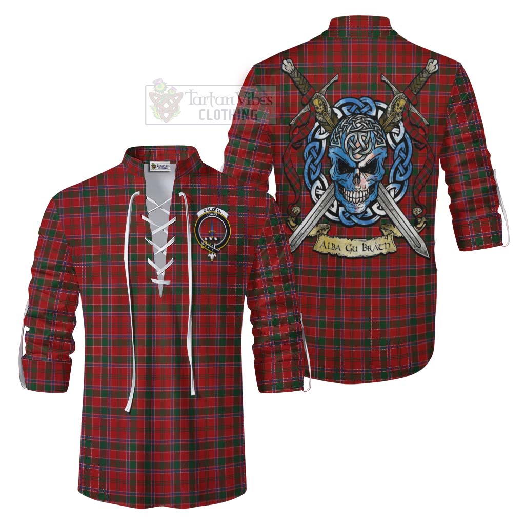 Tartan Vibes Clothing Dalzell (Dalziel) Tartan Ghillie Kilt Shirt with Family Crest Celtic Skull Style