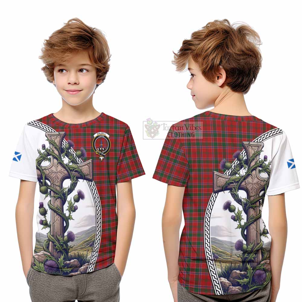 Tartan Vibes Clothing Dalzell (Dalziel) Tartan Kid T-Shirt with Family Crest and St. Andrew's Cross Accented by Thistle Vines