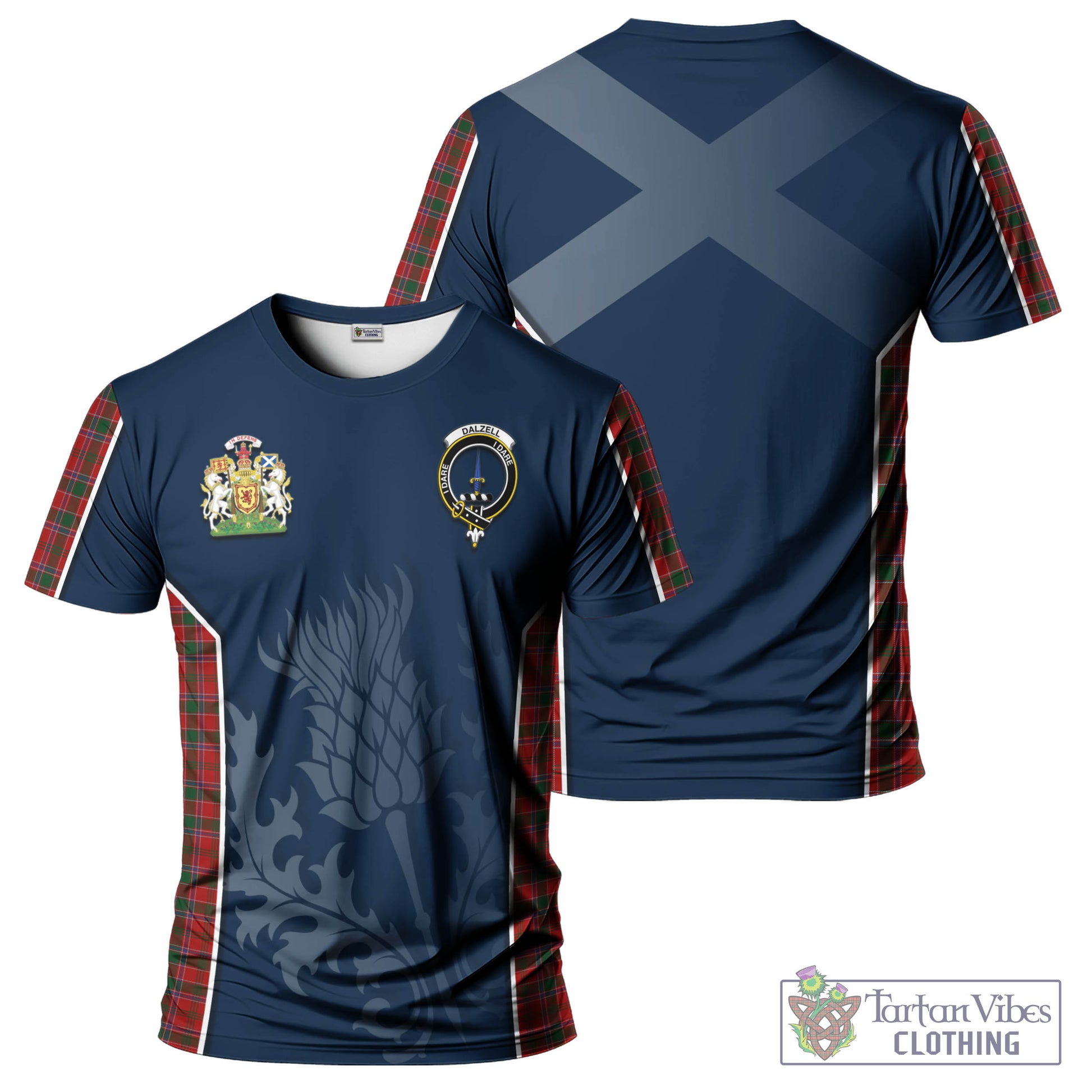 Tartan Vibes Clothing Dalzell (Dalziel) Tartan T-Shirt with Family Crest and Scottish Thistle Vibes Sport Style