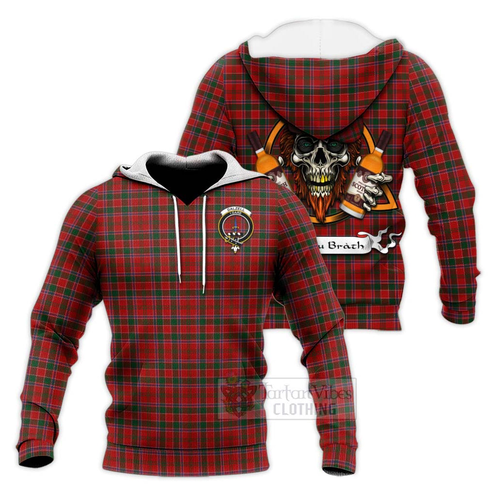 Tartan Vibes Clothing Dalzell (Dalziel) Tartan Knitted Hoodie with Family Crest and Bearded Skull Holding Bottles of Whiskey