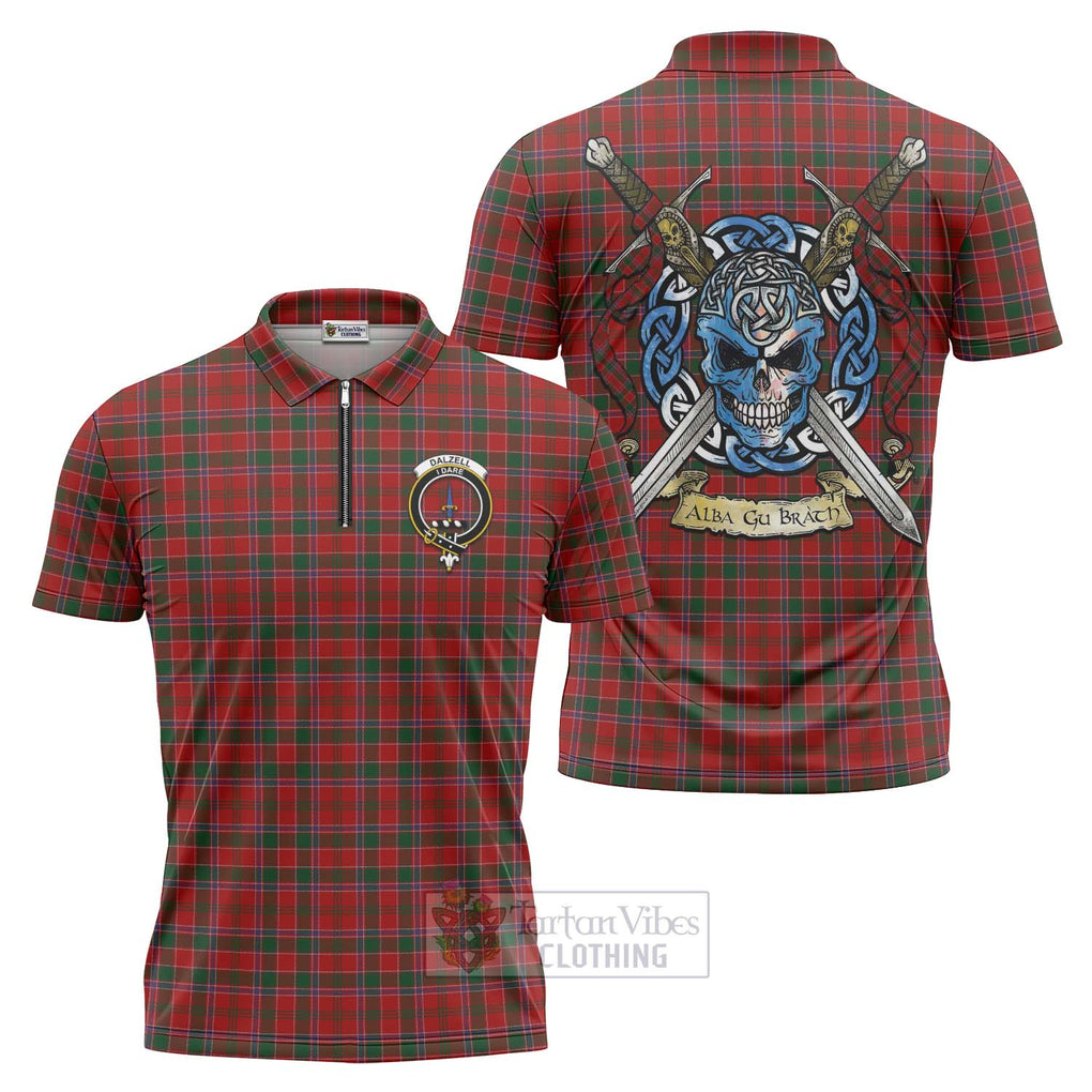 Tartan Vibes Clothing Dalzell (Dalziel) Tartan Zipper Polo Shirt with Family Crest Celtic Skull Style