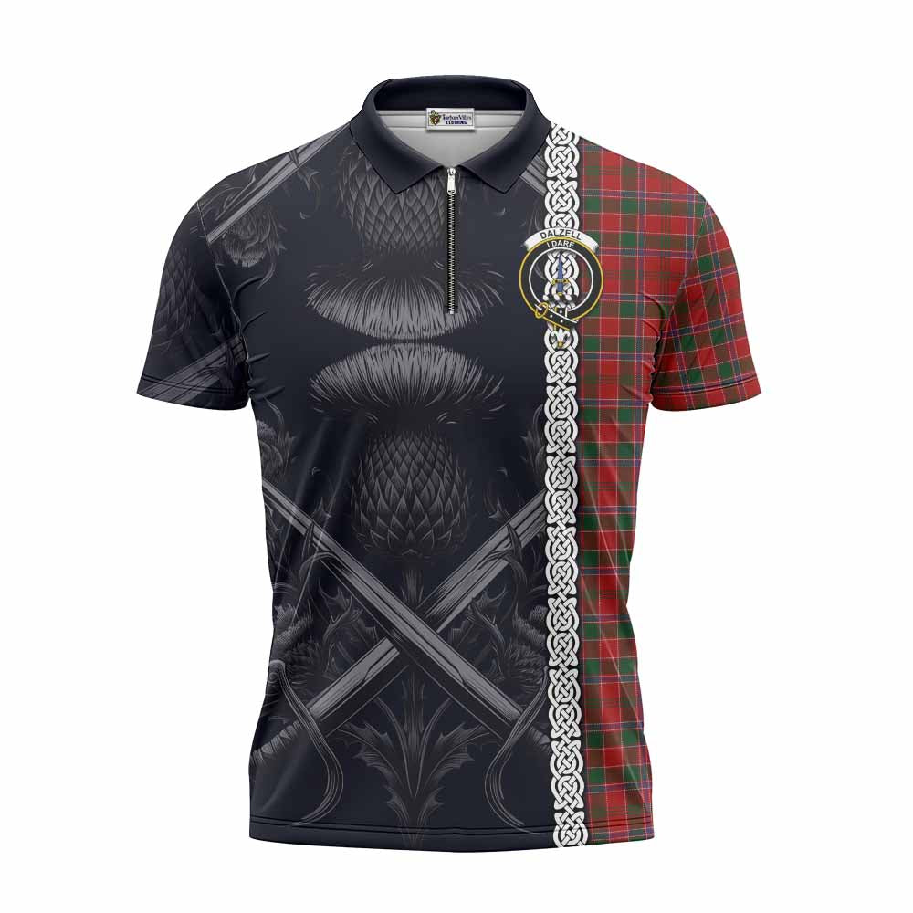 Tartan Vibes Clothing Dalzell (Dalziel) Tartan Zipper Polo Shirt with Family Crest Cross Sword Thistle Celtic Vibes