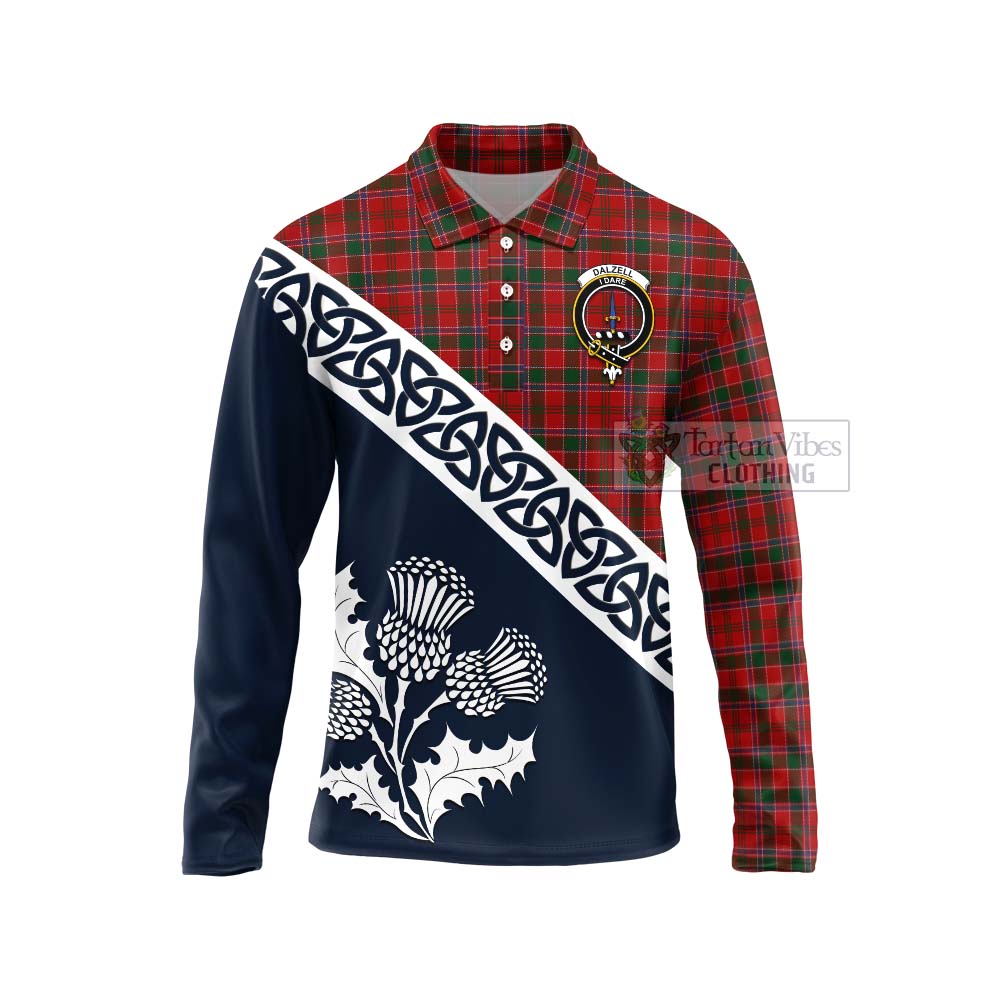 Tartan Vibes Clothing Dalzell (Dalziel) Tartan Long Sleeve Polo Shirt Featuring Thistle and Scotland Map