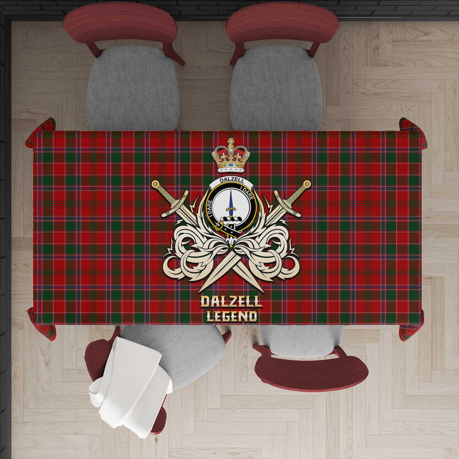 Tartan Vibes Clothing Dalzell (Dalziel) Tartan Tablecloth with Clan Crest and the Golden Sword of Courageous Legacy