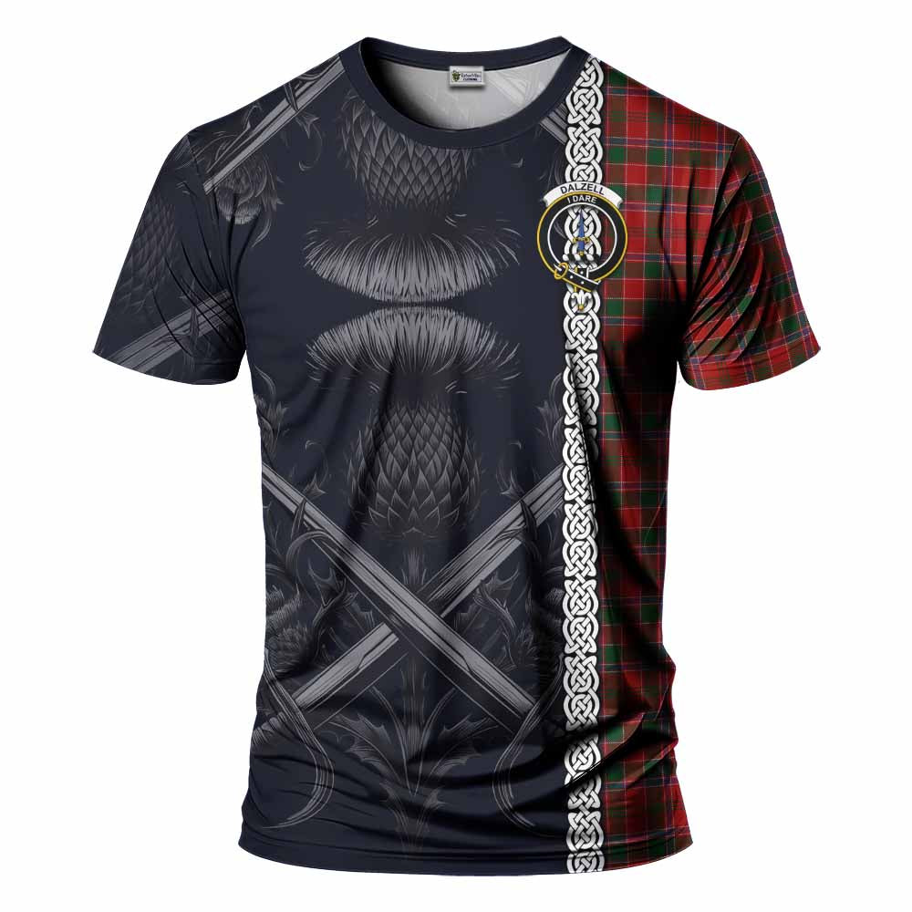 Tartan Vibes Clothing Dalzell (Dalziel) Tartan T-Shirt with Family Crest Cross Sword Thistle Celtic Vibes