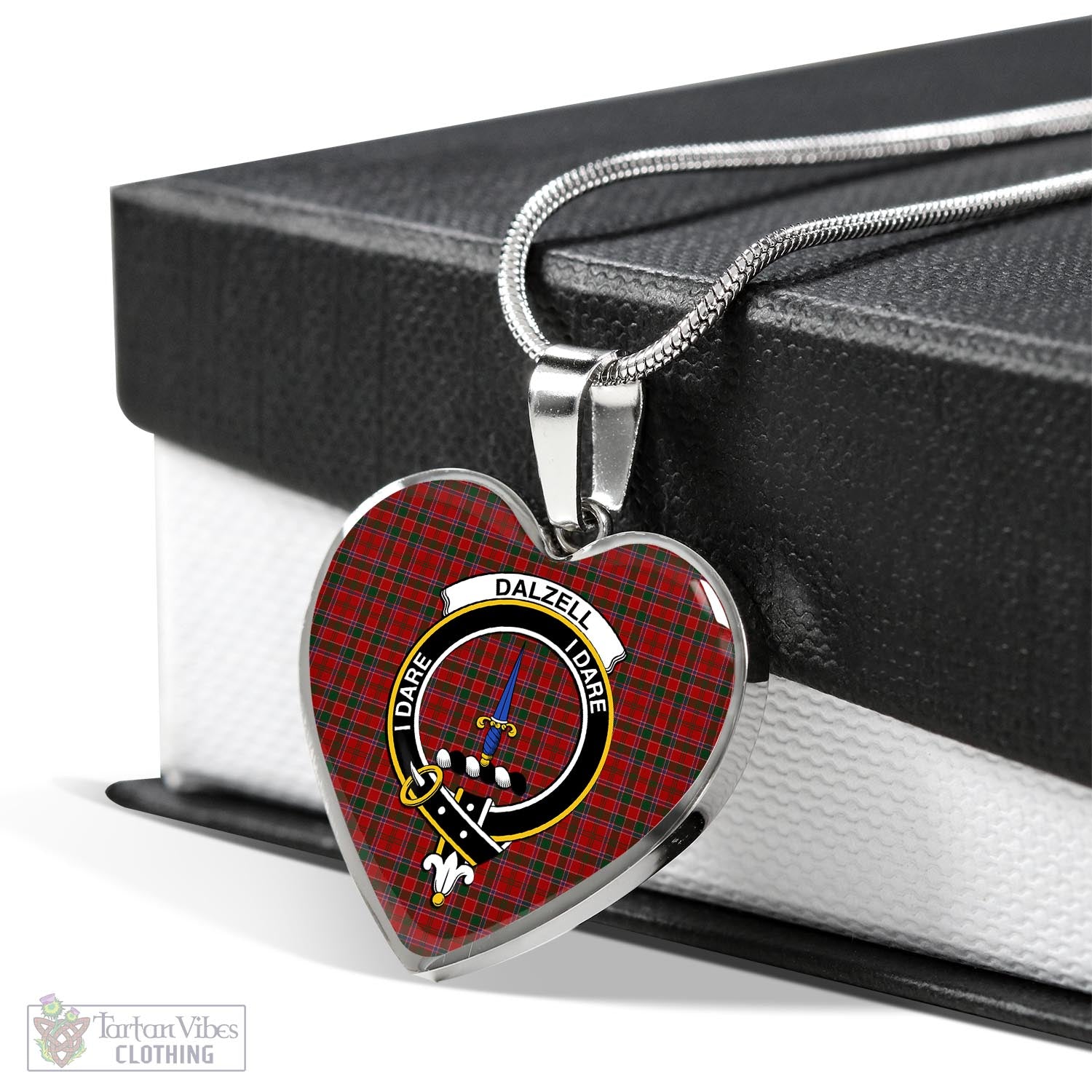 Tartan Vibes Clothing Dalzell (Dalziel) Tartan Heart Necklace with Family Crest