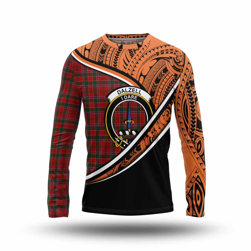 Tartan Vibes Clothing Dalzell (Dalziel) Crest Tartan Long Sleeve T-Shirt with Maori Tattoo Style - Orange Version