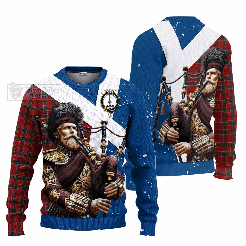 Tartan Vibes Clothing Dalzell (Dalziel) Tartan Knitted Sweater with Family Crest Scottish Bagpiper Vibes