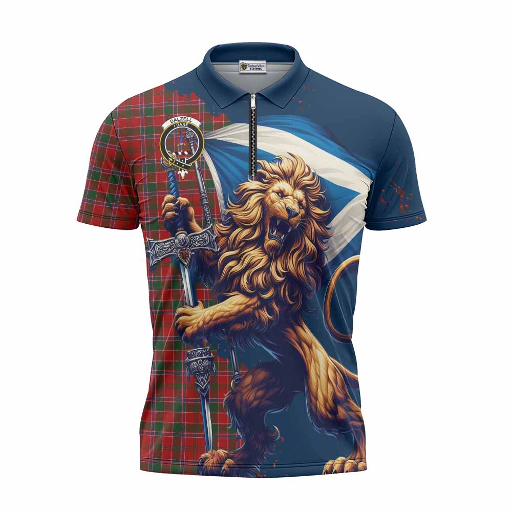 Tartan Vibes Clothing Dalzell (Dalziel) Tartan Family Crest Zipper Polo Shirt with Scottish Majestic Lion