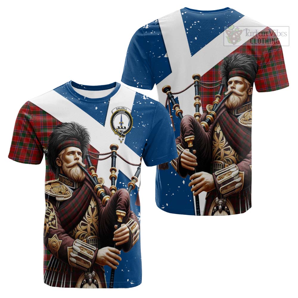 Tartan Vibes Clothing Dalzell (Dalziel) Tartan Cotton T-shirt with Family Crest Scottish Bagpiper Vibes