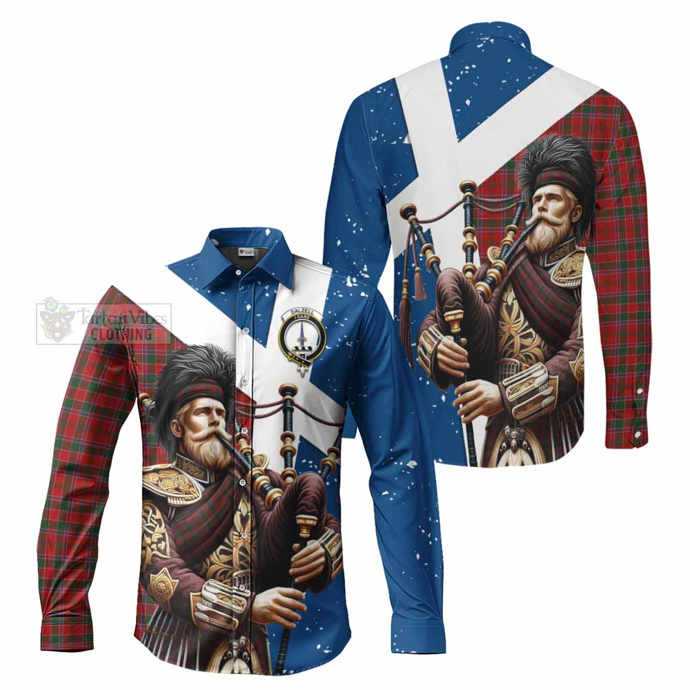 Tartan Vibes Clothing Dalzell (Dalziel) Tartan Long Sleeve Button Shirt with Family Crest Scottish Bagpiper Vibes