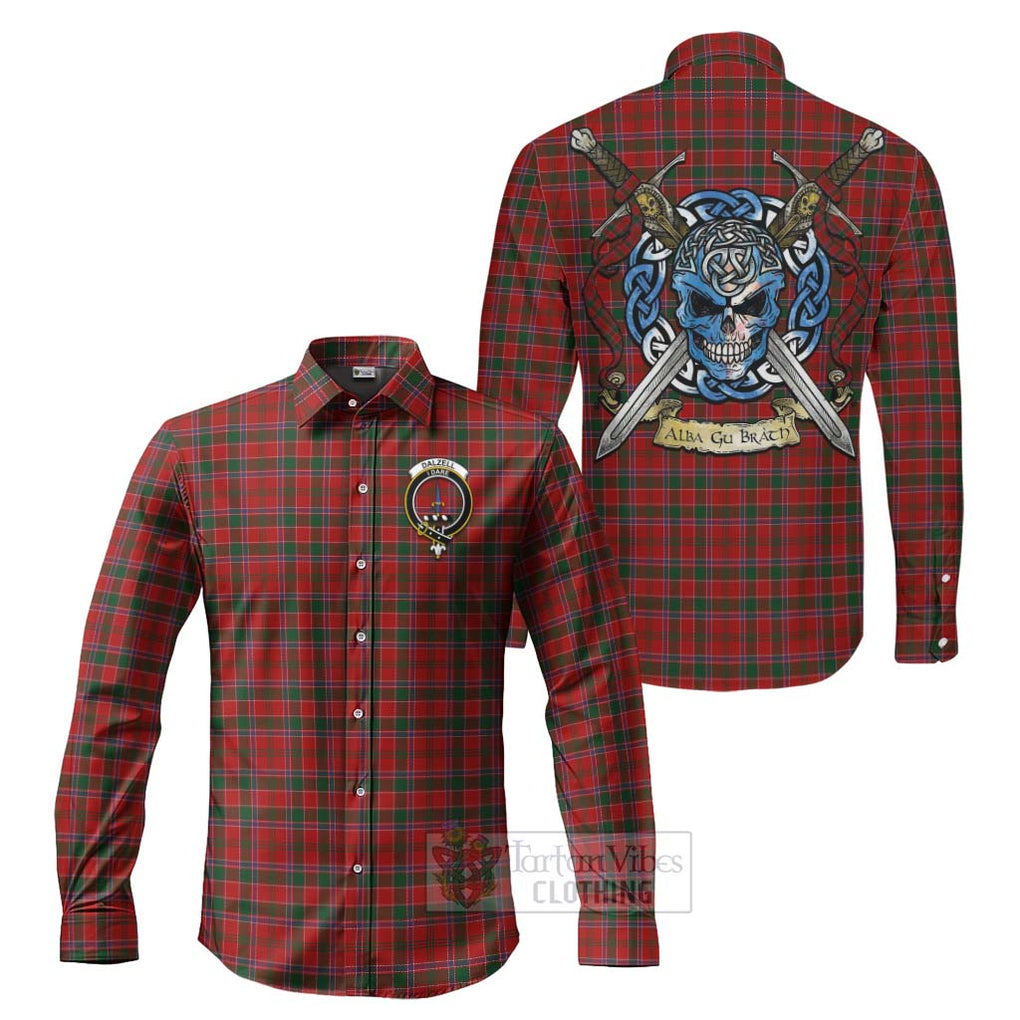 Tartan Vibes Clothing Dalzell (Dalziel) Tartan Long Sleeve Button Shirt with Family Crest Celtic Skull Style