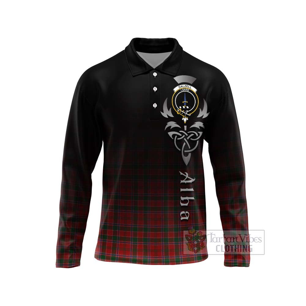 Tartan Vibes Clothing Dalzell (Dalziel) Tartan Long Sleeve Polo Shirt Featuring Alba Gu Brath Family Crest Celtic Inspired