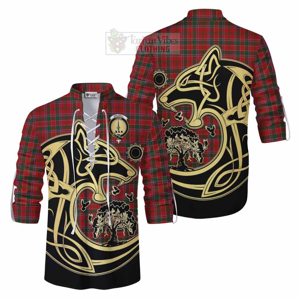 Tartan Vibes Clothing Dalzell (Dalziel) Tartan Ghillie Kilt Shirt with Family Crest Celtic Wolf Style