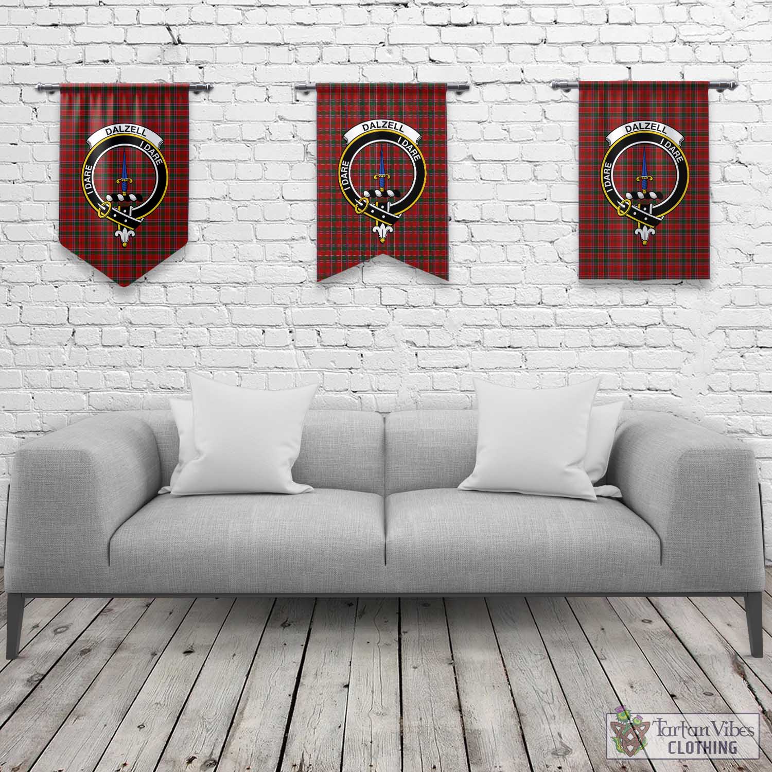 Tartan Vibes Clothing Dalzell (Dalziel) Tartan Gonfalon, Tartan Banner with Family Crest