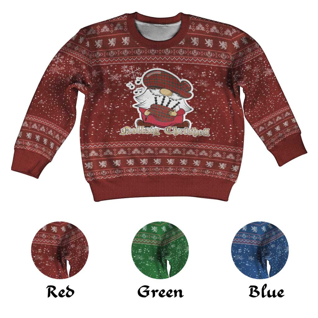 Tartan Vibes Clothing Dalzell (Dalziel) Clan Christmas Kid Ugly Sweater with Gnome Playing Bagpipes