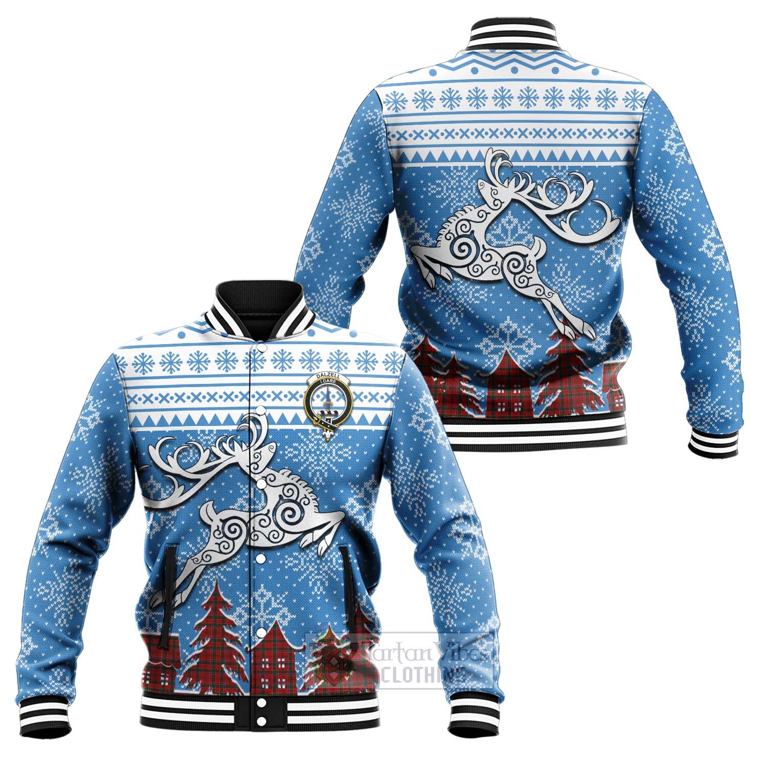 Tartan Vibes Clothing Dalzell (Dalziel) Clan Christmas Baseball Jacket Celtic Reindeer Style