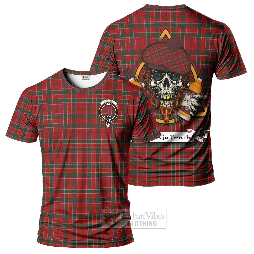 Tartan Vibes Clothing Dalzell (Dalziel) Tartan T-Shirt with Family Crest and Bearded Skull Holding Bottles of Whiskey