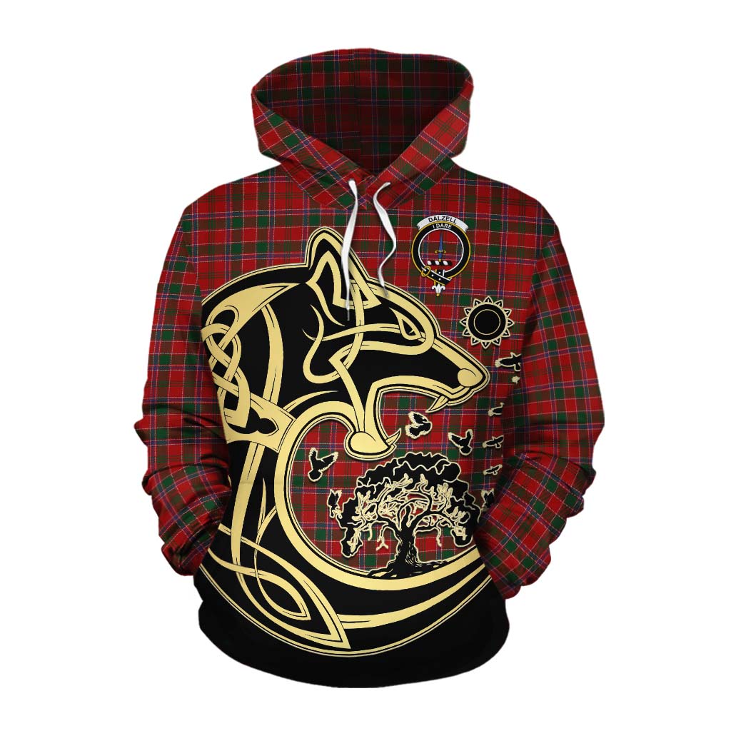 Tartan Vibes Clothing Dalzell (Dalziel) Tartan Cotton Hoodie with Family Crest Celtic Wolf Style