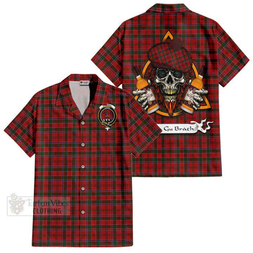 Dalzell (Dalziel) Tartan Short Sleeve Button Shirt with Family Crest and Bearded Skull Holding Bottles of Whiskey