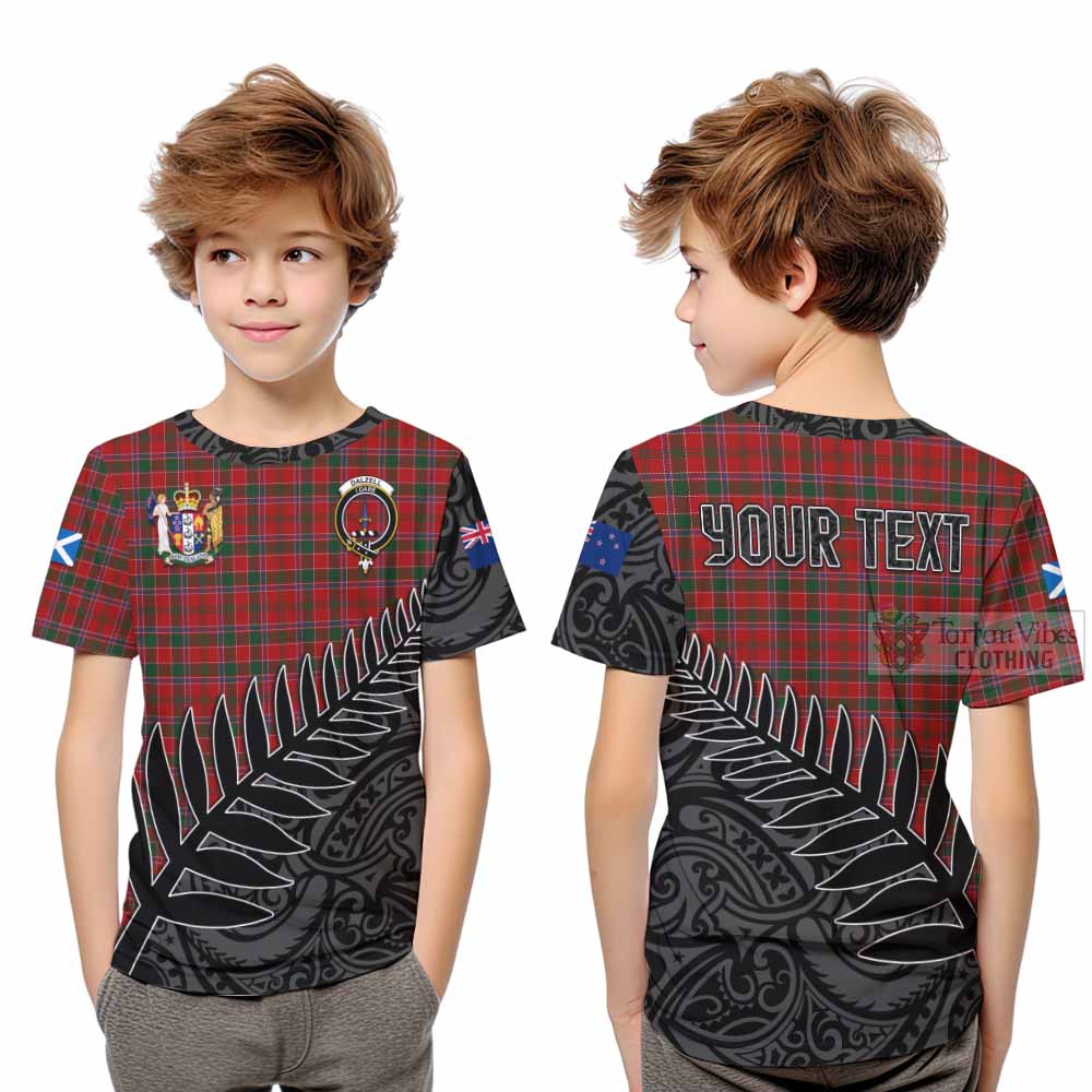 Tartan Vibes Clothing Dalzell (Dalziel) Crest Tartan Kid T-Shirt with New Zealand Silver Fern Half Style