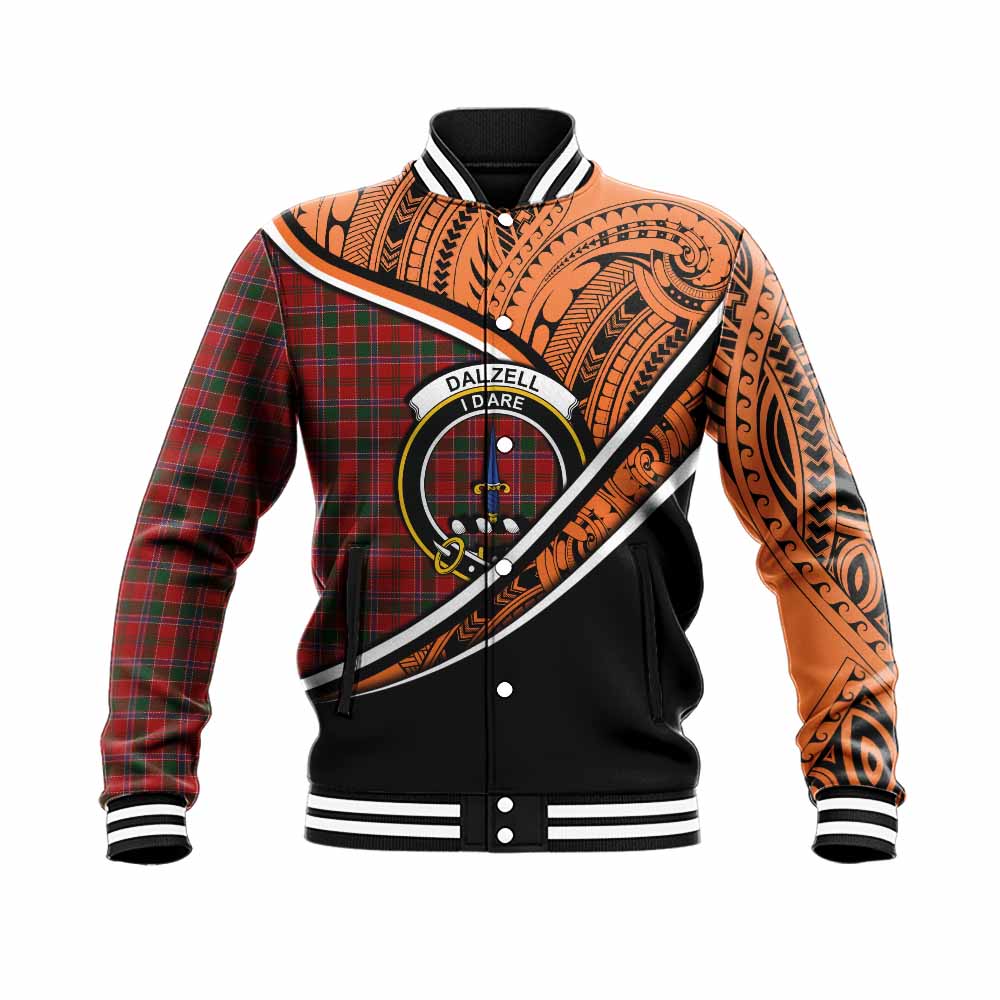 Tartan Vibes Clothing Dalzell (Dalziel) Crest Tartan Baseball Jacket with Maori Tattoo Style - Orange Version