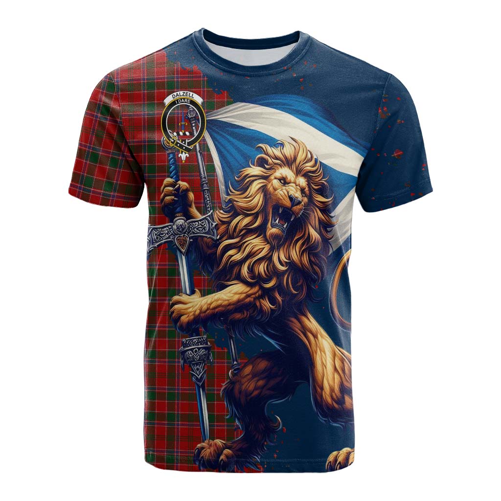 Tartan Vibes Clothing Dalzell (Dalziel) Tartan Family Crest Cotton T-shirt with Scottish Majestic Lion