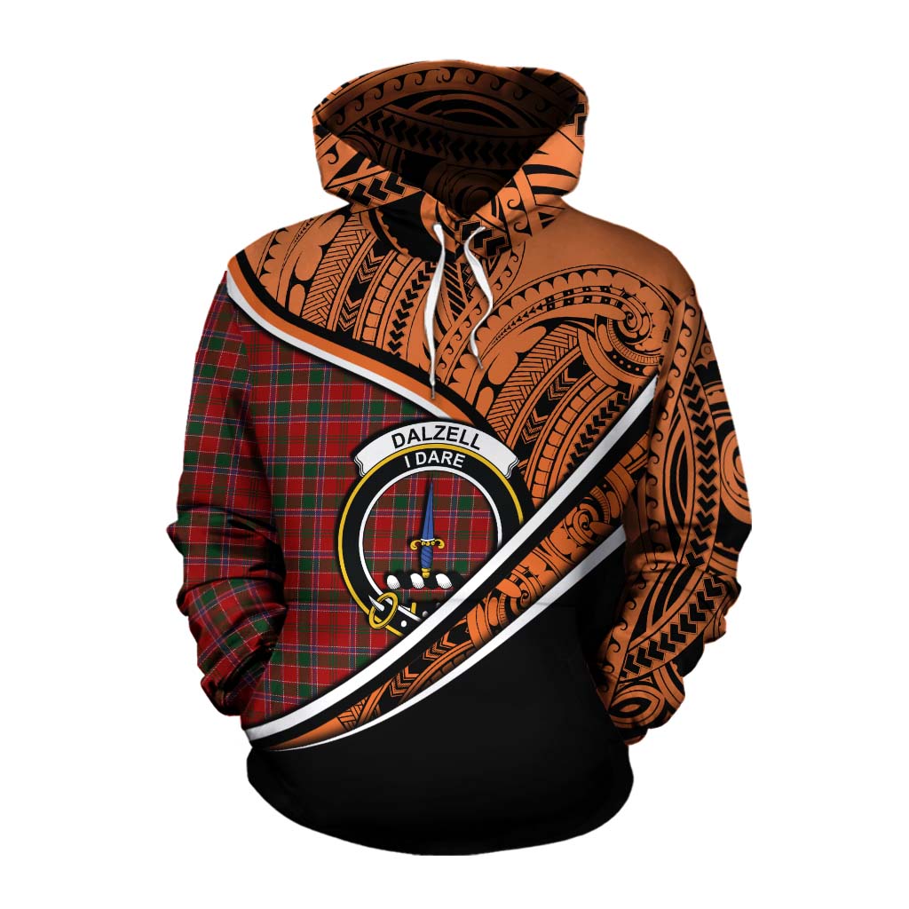 Tartan Vibes Clothing Dalzell (Dalziel) Crest Tartan Cotton Hoodie with Maori Tattoo Style - Orange Version