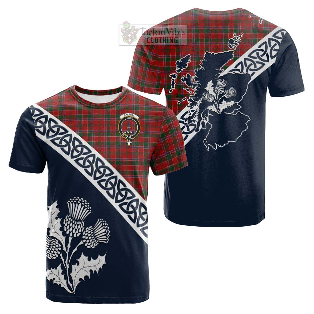 Tartan Vibes Clothing Dalzell (Dalziel) Tartan Cotton T-shirt Featuring Thistle and Scotland Map