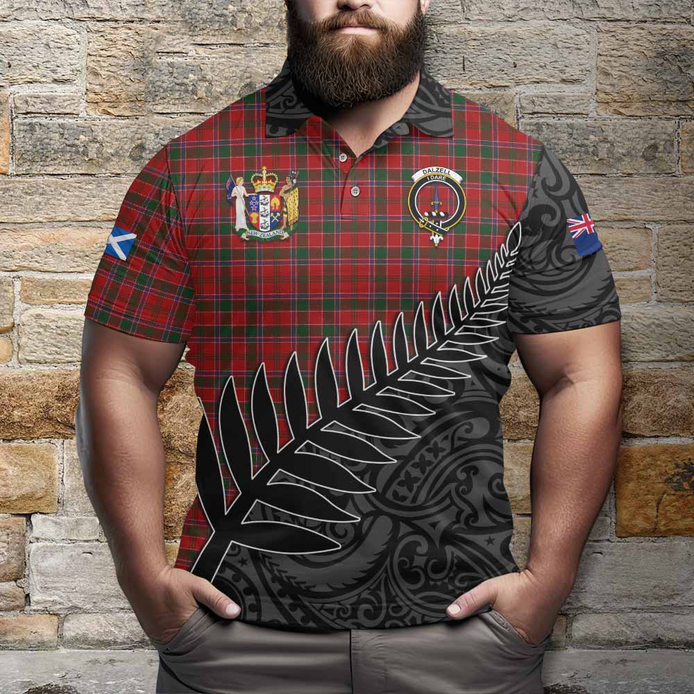 Dalzell (Dalziel) Crest Tartan Polo Shirt with New Zealand Silver Fern Half Style