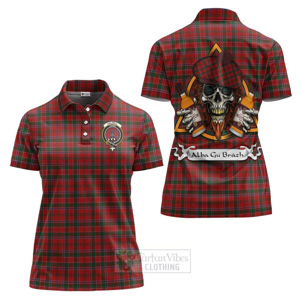 Tartan Vibes Clothing Dalzell (Dalziel) Tartan Women's Polo Shirt with Family Crest and Bearded Skull Holding Bottles of Whiskey