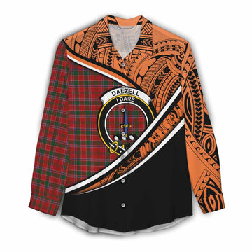 Dalzell (Dalziel) Crest Tartan Women's Casual Shirt with Polynesian Vibes Style - Orange Version