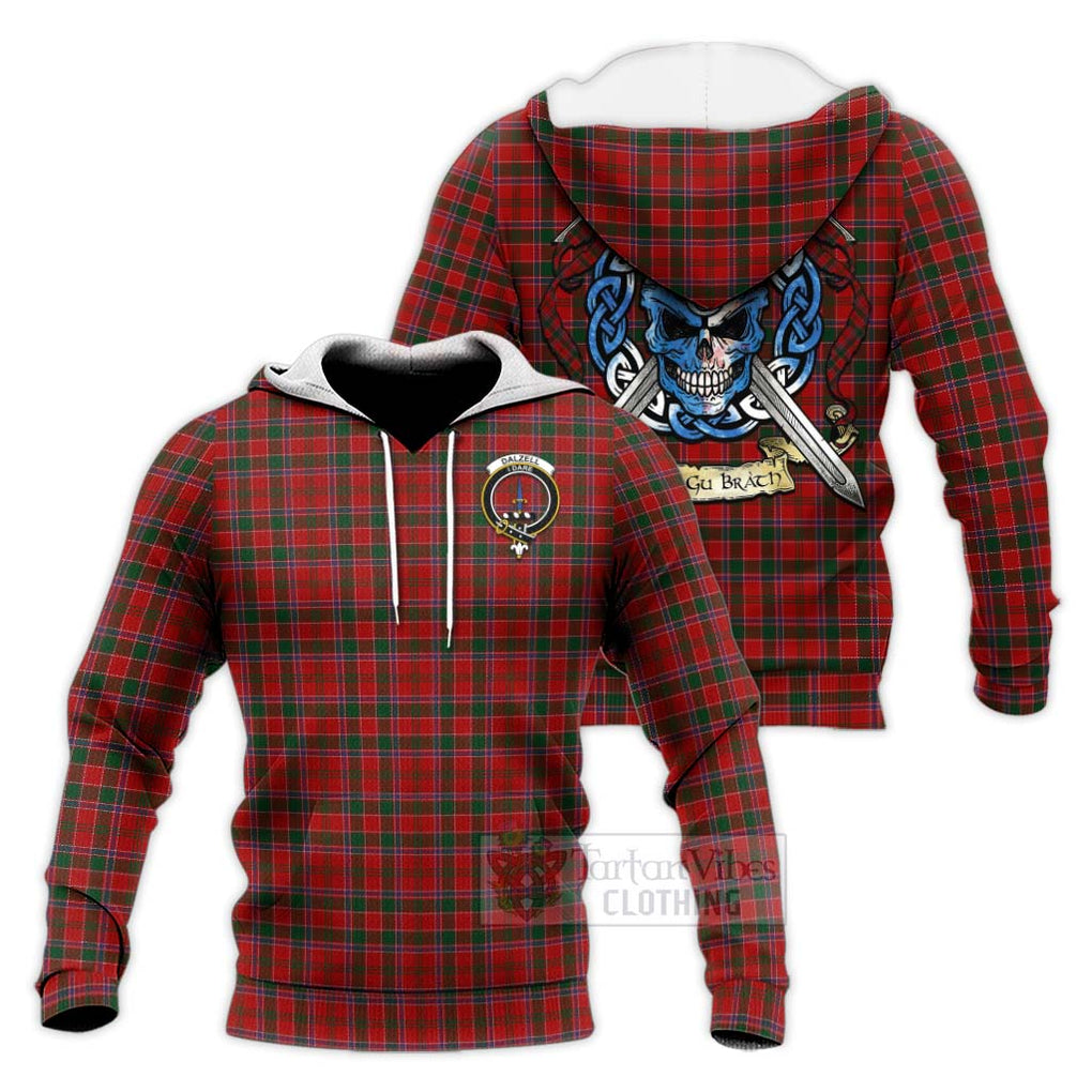 Tartan Vibes Clothing Dalzell (Dalziel) Tartan Knitted Hoodie with Family Crest Celtic Skull Style