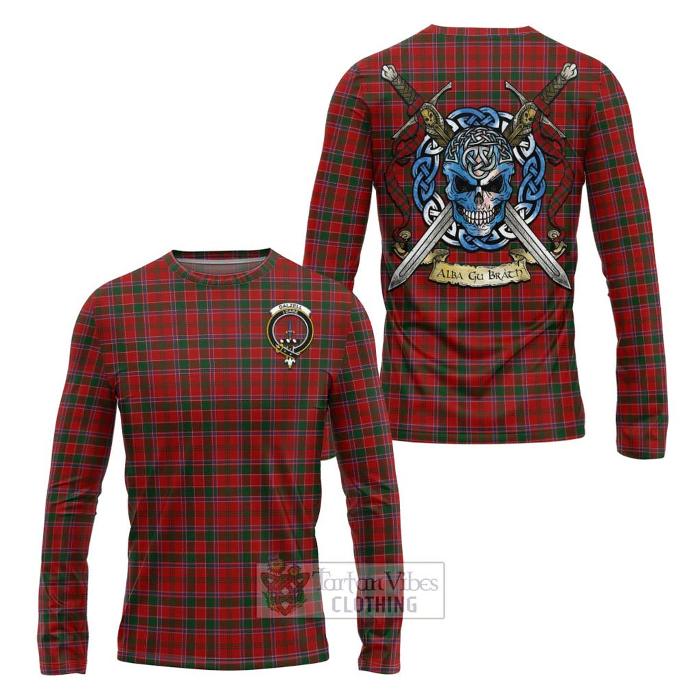 Tartan Vibes Clothing Dalzell (Dalziel) Tartan Long Sleeve T-Shirt with Family Crest Celtic Skull Style