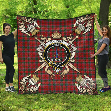 Dalzell (Dalziel) Tartan Quilt with Family Crest and Golden Thistle Crossed Sword Design