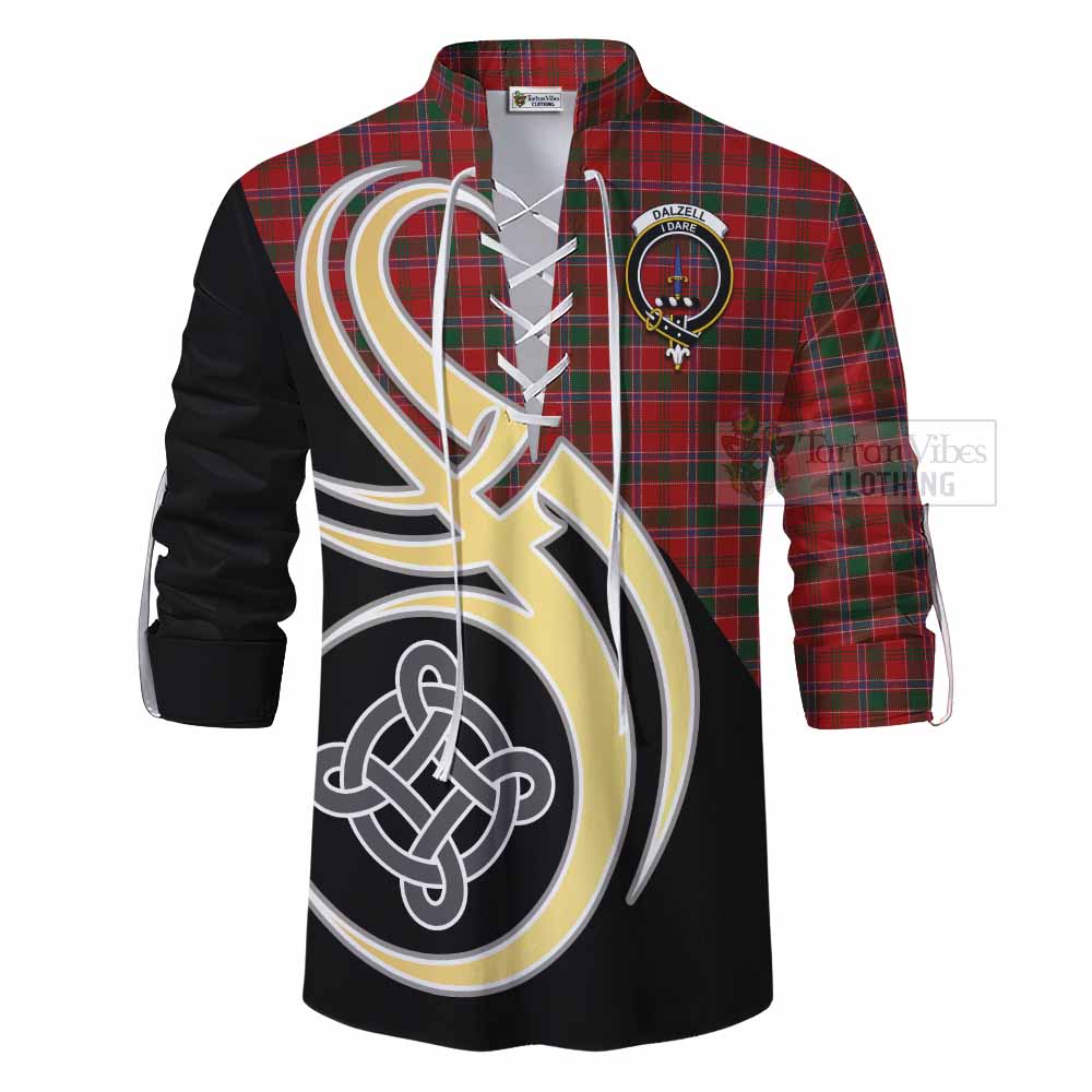 Tartan Vibes Clothing Dalzell (Dalziel) Tartan Ghillie Kilt Shirt with Family Crest and Celtic Symbol Style