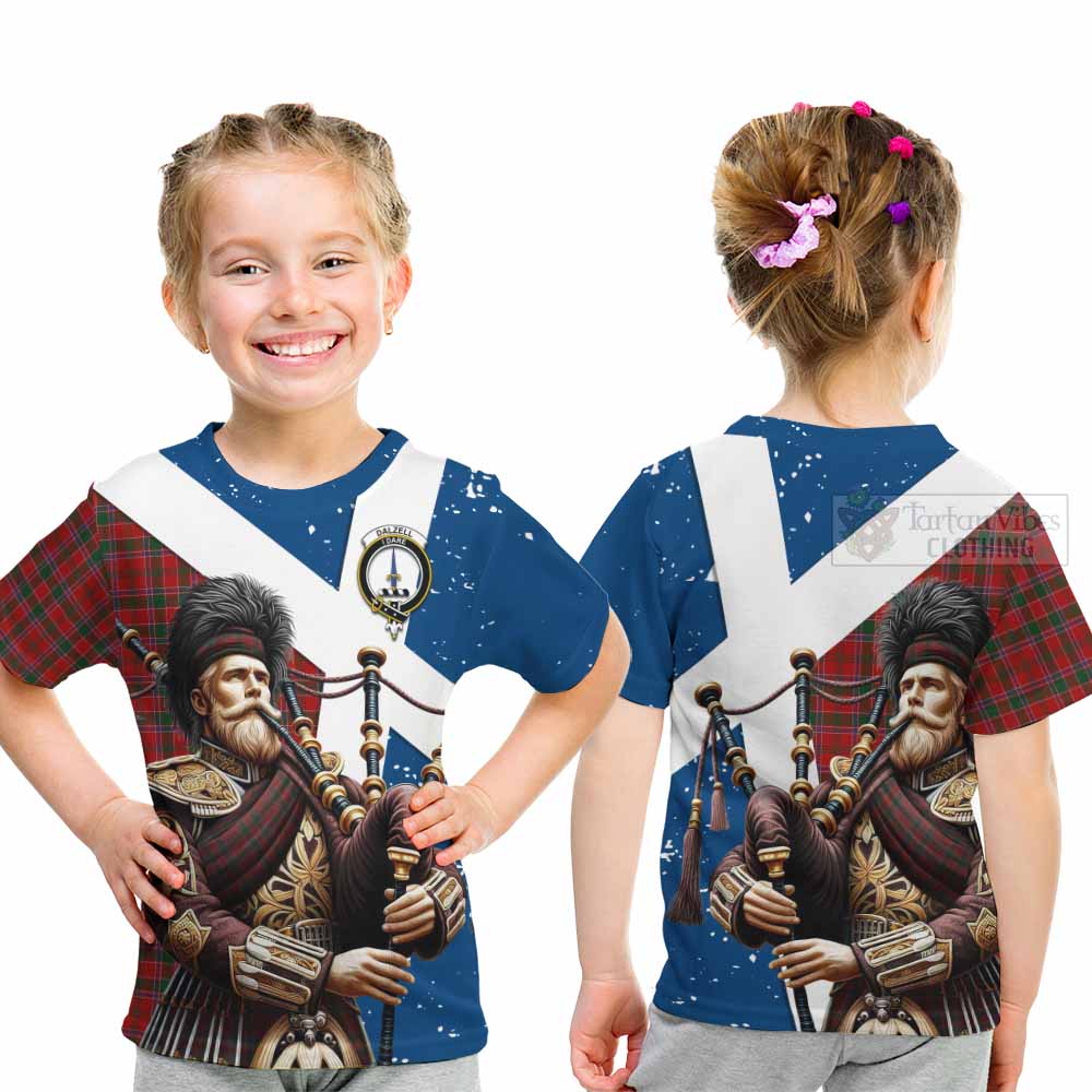 Tartan Vibes Clothing Dalzell (Dalziel) Tartan Kid T-Shirt with Family Crest Scottish Bagpiper Vibes