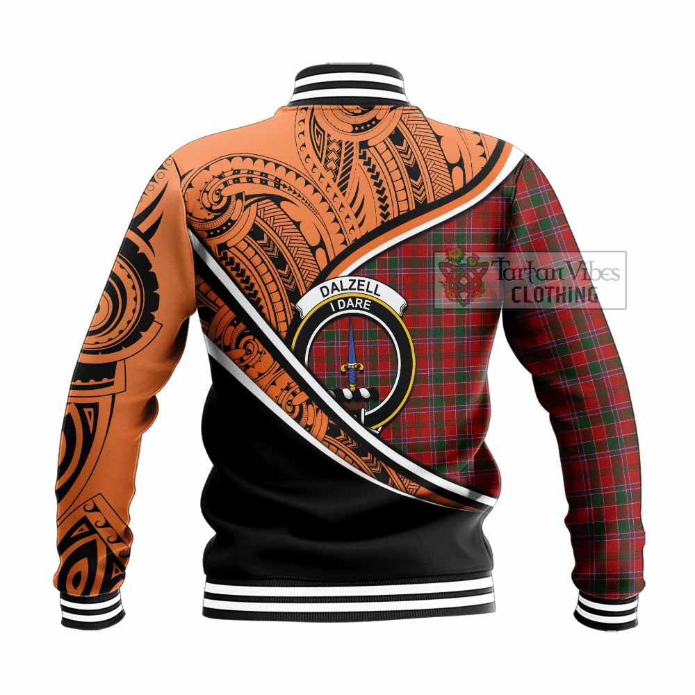 Tartan Vibes Clothing Dalzell (Dalziel) Crest Tartan Baseball Jacket with Maori Tattoo Style - Orange Version