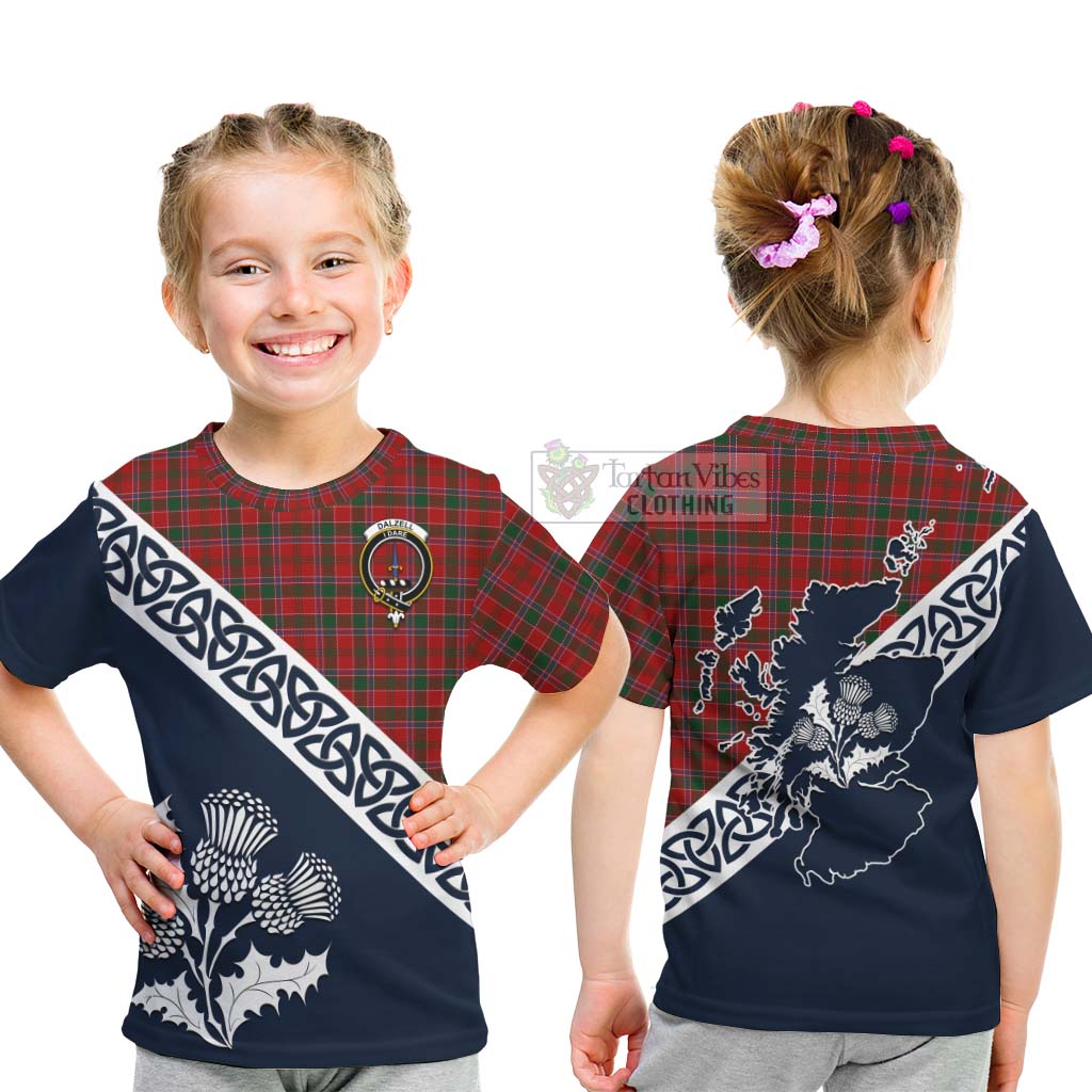 Tartan Vibes Clothing Dalzell (Dalziel) Tartan Kid T-Shirt Featuring Thistle and Scotland Map