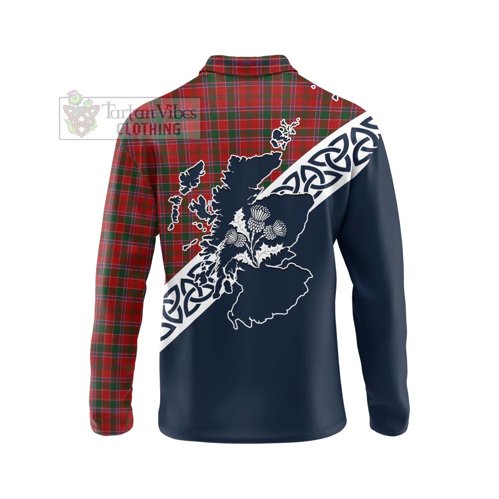 Tartan Vibes Clothing Dalzell (Dalziel) Tartan Long Sleeve Polo Shirt Featuring Thistle and Scotland Map